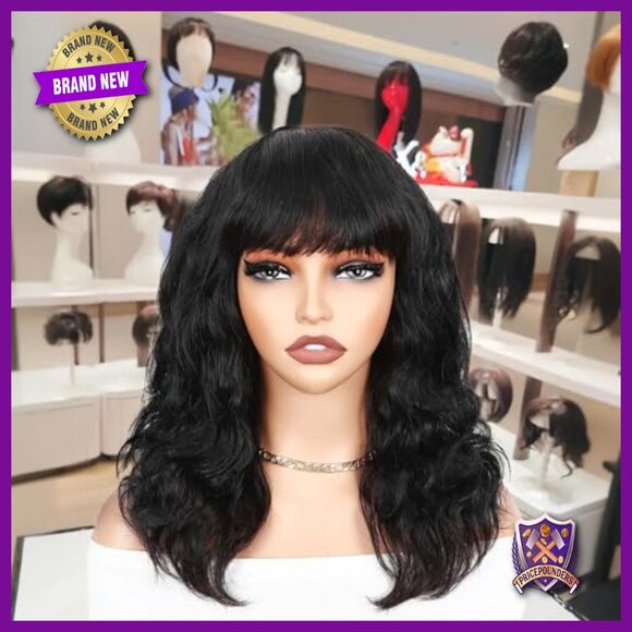 Human Hair Wig with Bangs 16 Inch Medium Length Natural Wave Glueless main image 4